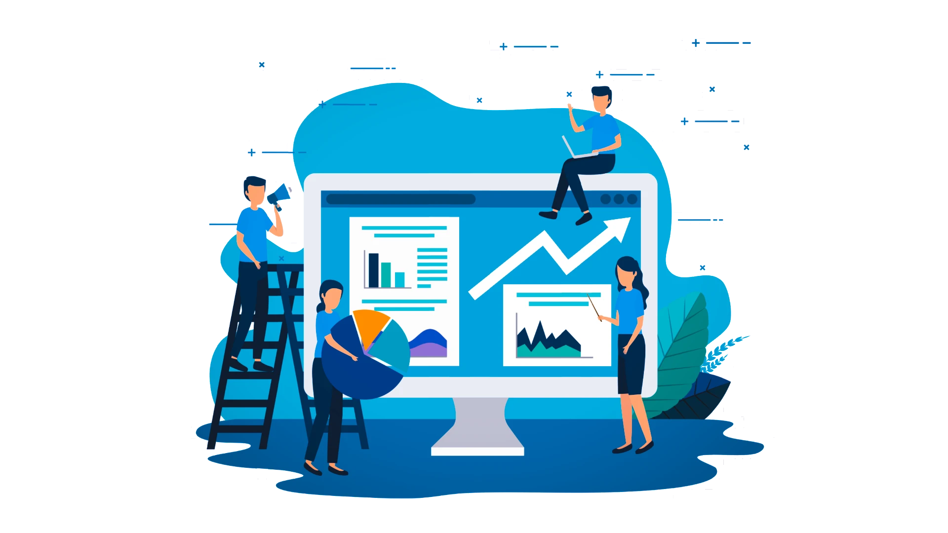 Illustration of a team reviewing website charts and growth stats