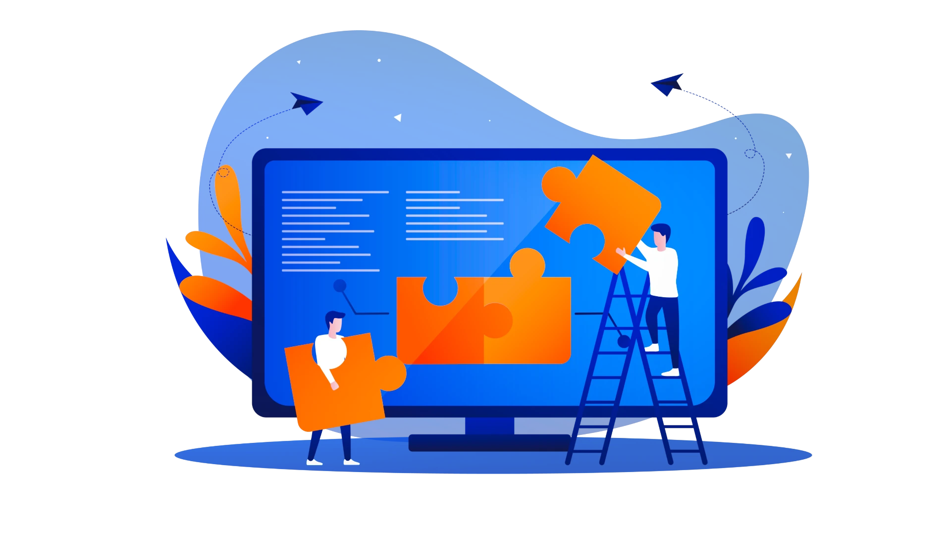 Illustration of two people assembling a website on a large screen