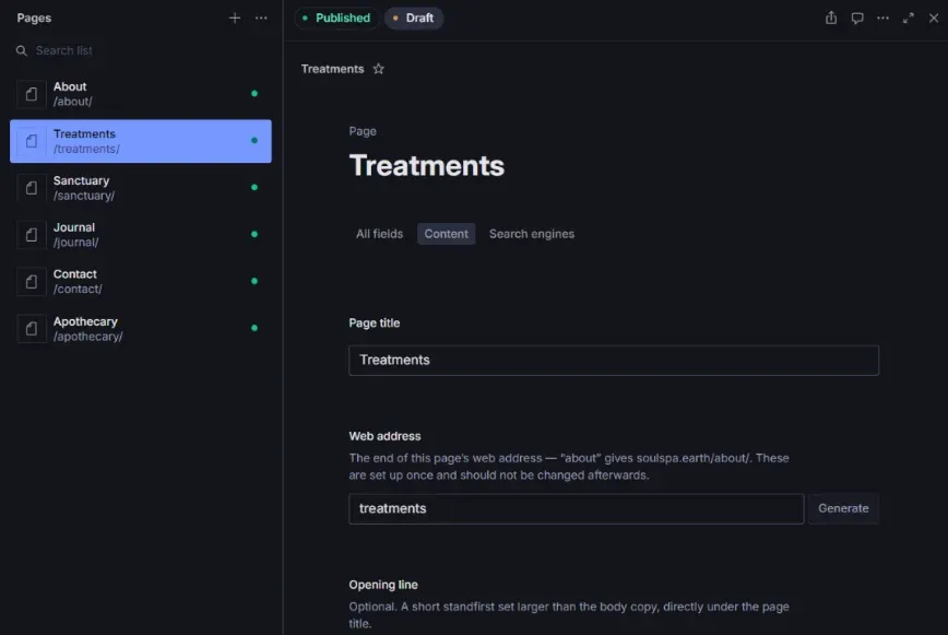 A website editing studio open on a Treatments page, ready for changes